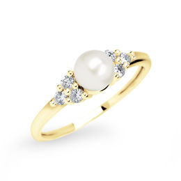Zlatý dámský prsten DF 2549 ze žlutého zlata, sladkovodní perla s diamanty
