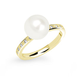 Zlatý dámský prsten DF 2659 ze žlutého zlata, sladkovodní perla s diamanty