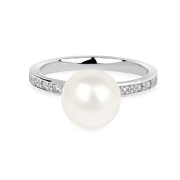 Zlatý dámsky prsteň DF 2659 z bieleho zlata, sladkovodné perla s diamantmi