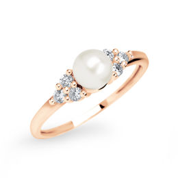 Zlatý dámský prsten DF 2549 z růžového zlata, sladkovodní perla s diamanty