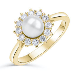 Zlatý zásnubní prsten DF 4300, žluté zlato, sladkovodní perla, brilianty