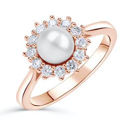 Zlatý zásnubní prsten DF 4300, růžové zlato, sladkovodní perla, brilianty