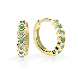 Dievčenské náušnice Danfil krúžky C3341 zo žltého zlata, Emerald Green