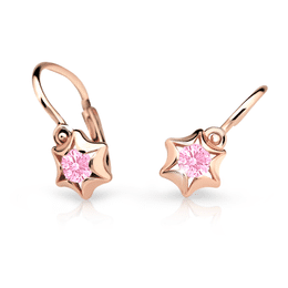 Dětské náušnice Danfil hvězdičky C2159 z růžového zlata s kamínkem Pink, zapínání brizura