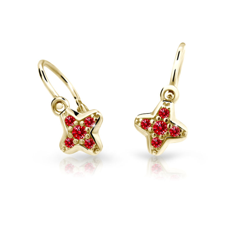 Dětské náušnice Danfil hvězdičky C2266 ze žlutého zlata s kamínky Ruby Dark, zapínání brizura