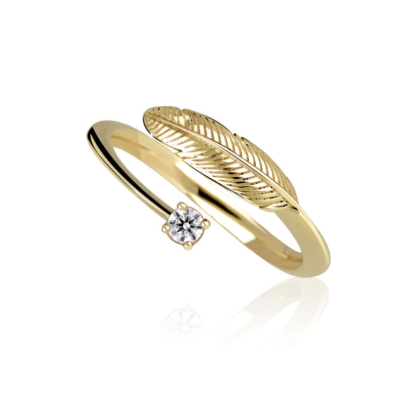 Zlatý prsten pírko DF 3836 ze žlutého zlata, s briliantem 60
