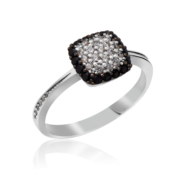 Zlatý dámský prsten DF 3198 z bílého zlata, černé a bílé diamanty 50