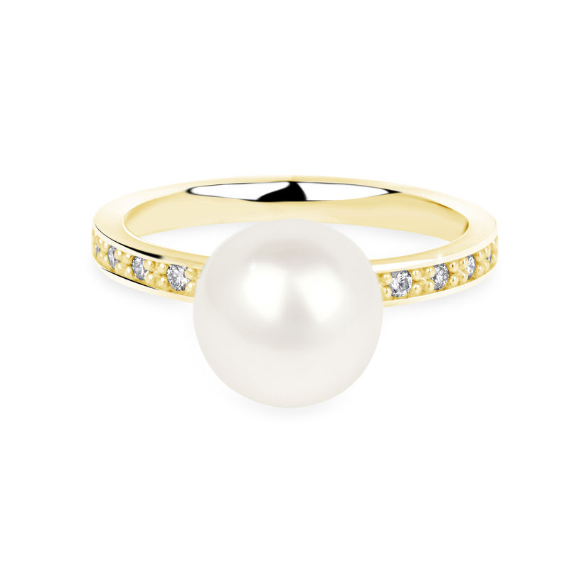 Zlatý dámský prsten DF 2659 ze žlutého zlata, sladkovodní perla s diamanty