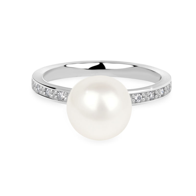 Zlatý dámský prsten DF 2659 z bílého zlata, sladkovodní perla s diamanty