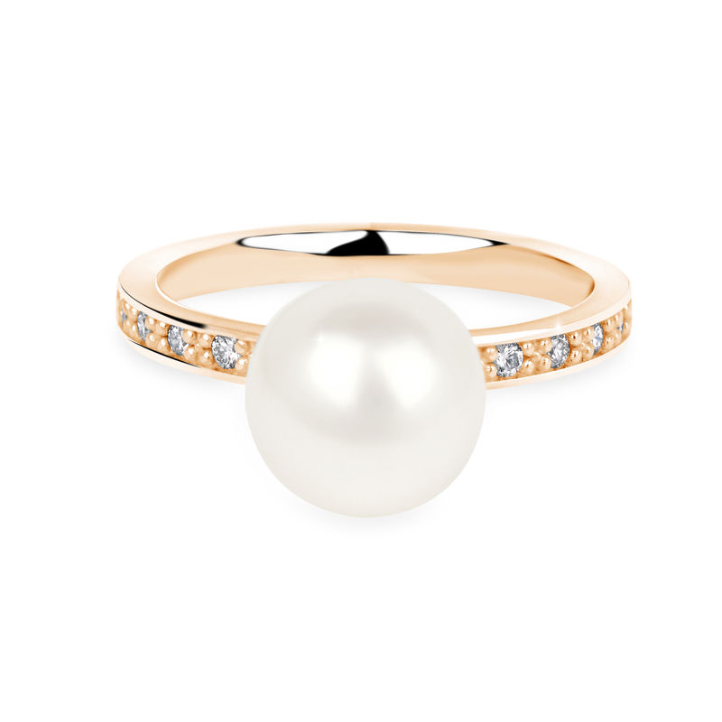 Zlatý dámský prsten DF 2659 z růžového zlata, sladkovodní perla s diamanty