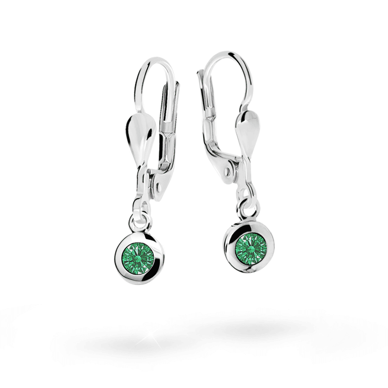 Dětské visací visací náušnice Danfil C1537 z bílého zlata s kamínkem Emerald Green, zapínání klapka