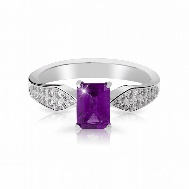 Zlatý dámský prsten DF 3456 z bílého zlata, ametyst s diamanty 62