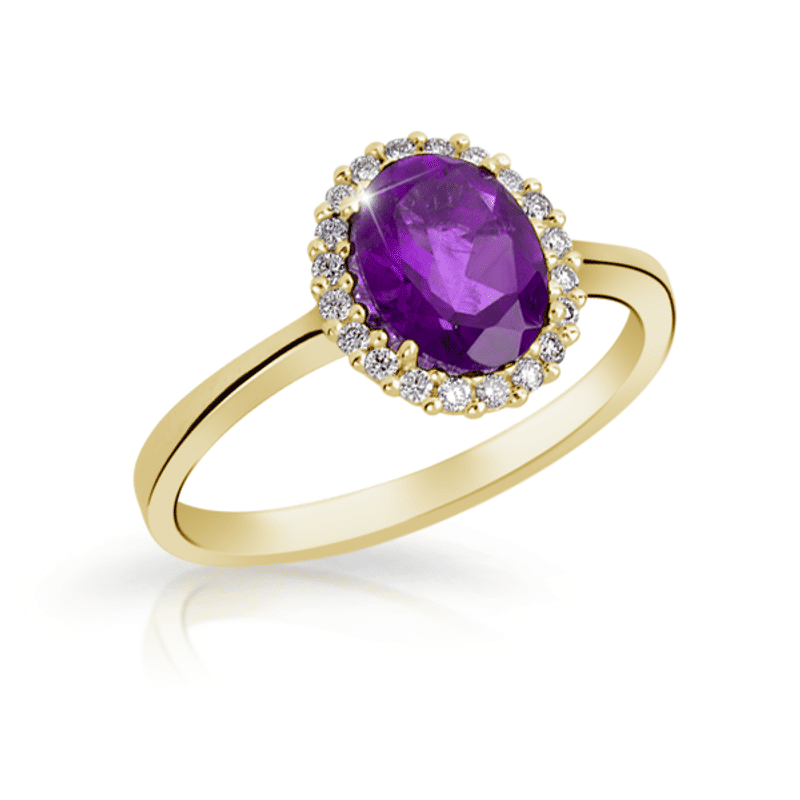 Zlatý zásnubní prsten DF 3520, žluté zlato, ametyst s diamanty 59