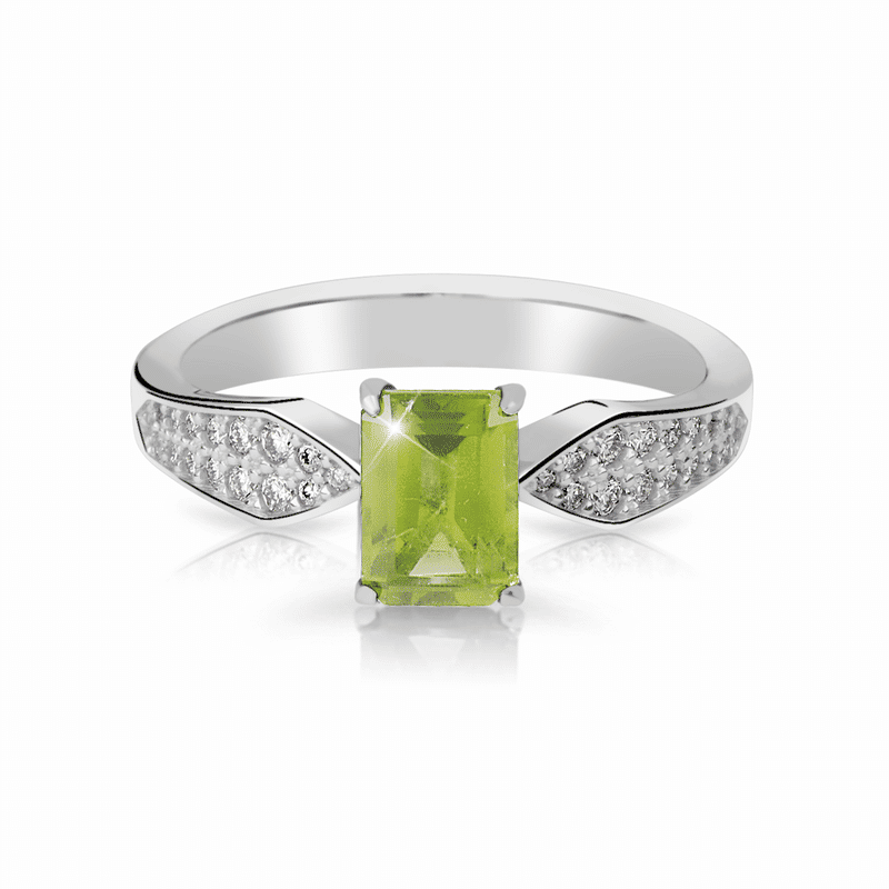 Zlatý dámský prsten DF 3456 z bílého zlata, peridot s diamanty 64