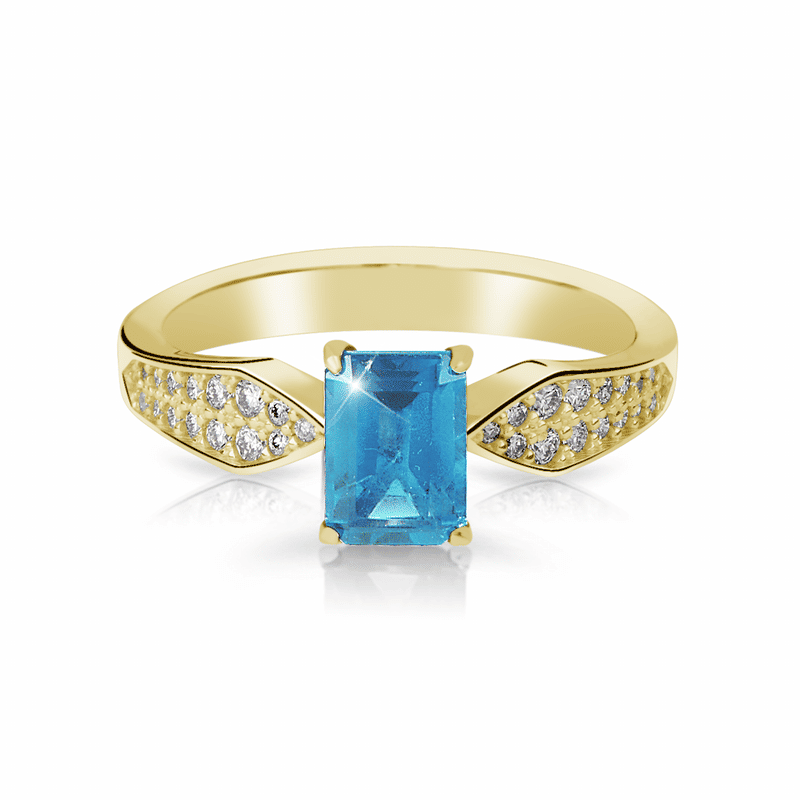 Zlatý dámský prsten DF 3456 ze žlutého zlata, topaz swiss blue s diamanty 56