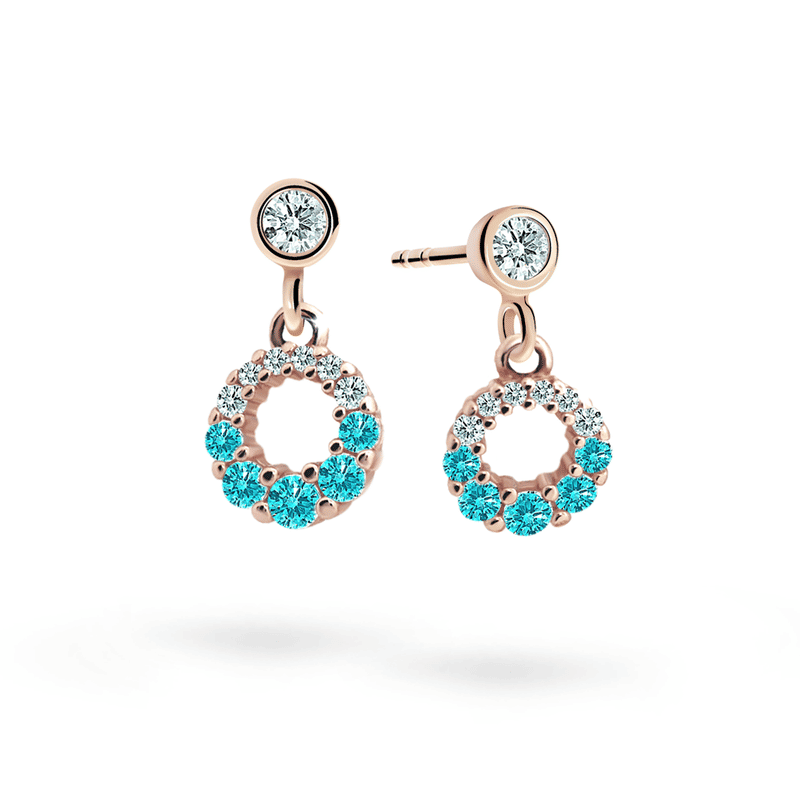 Dětské visací náušnice Danfil C2154 z růžového zlata s kamínky Mint Green, zapínání puzeta