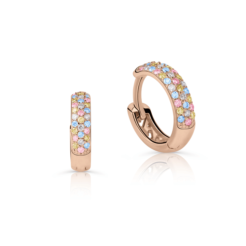 Dámské kruhové náušnice DF 4060 z růžového zlata, s diamanty a barevnými drahokamy