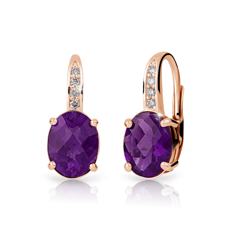 Zlaté dámské náušnice DF 3379, ametyst s diamanty, růžové zlato