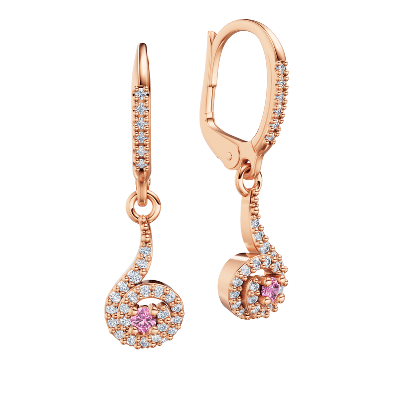 Dámské visací náušnice DF 3158, růžové zlato s růžovými safíry a brilianty