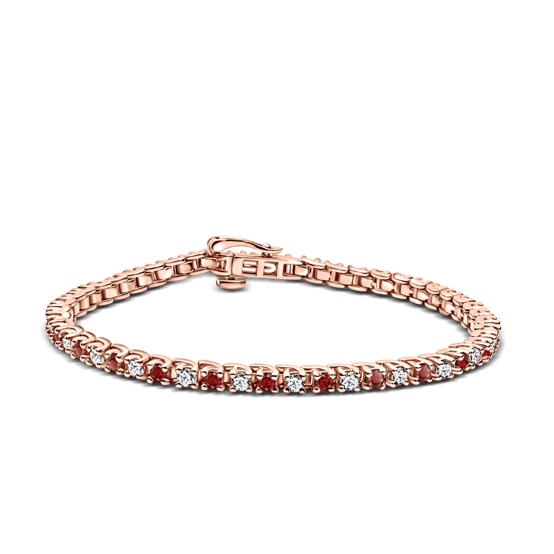 Dámský tenisový náramek DF 2557 z růžového zlata, s rubíny a bílými safíry, velikost S