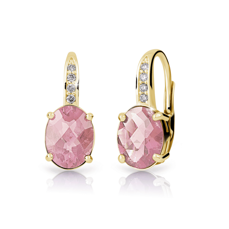 Dámské náušnice DF 3379 ze žlutého zlata, růženín a diamanty