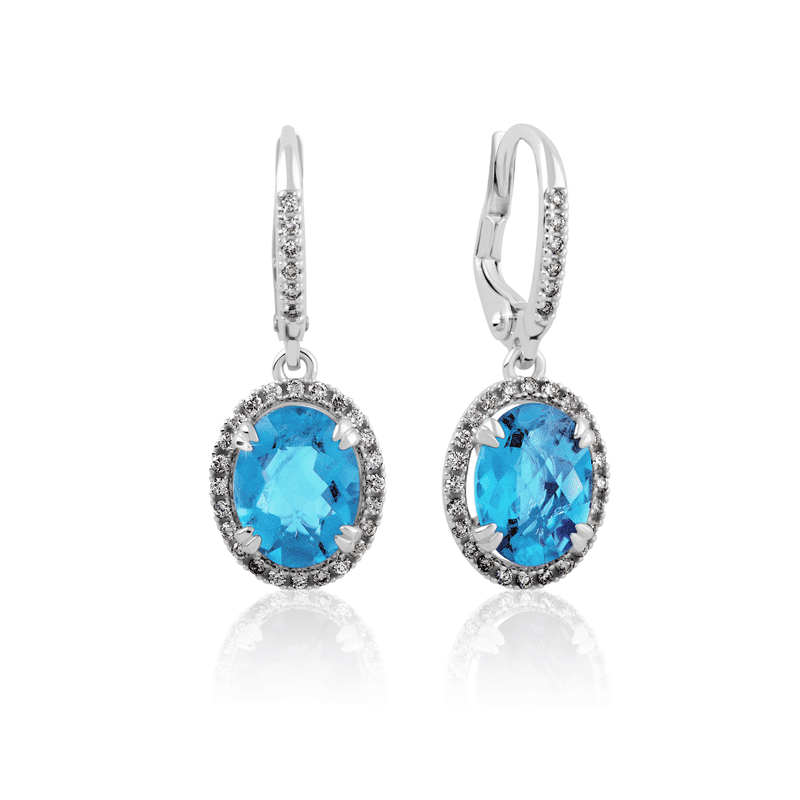 Dámské visací náušnice DF 3367 z bílého zlata, Topaz Swiss Blue a diamanty