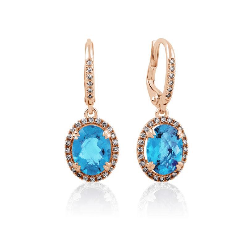 Dámské visací náušnice DF 3367 z růžového zlata, Topaz Swiss Blue a diamanty