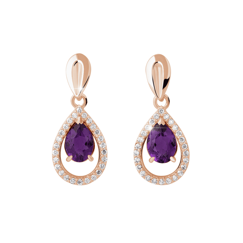 Zlaté dámské náušnice DF 3463, ametyst s brilianty, růžové zlato