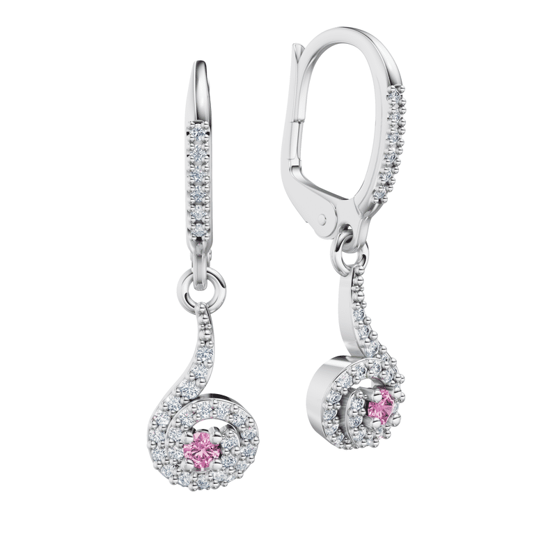 Dámské visací náušnice DF 3158, bílé zlato s růžovými safíry a brilianty