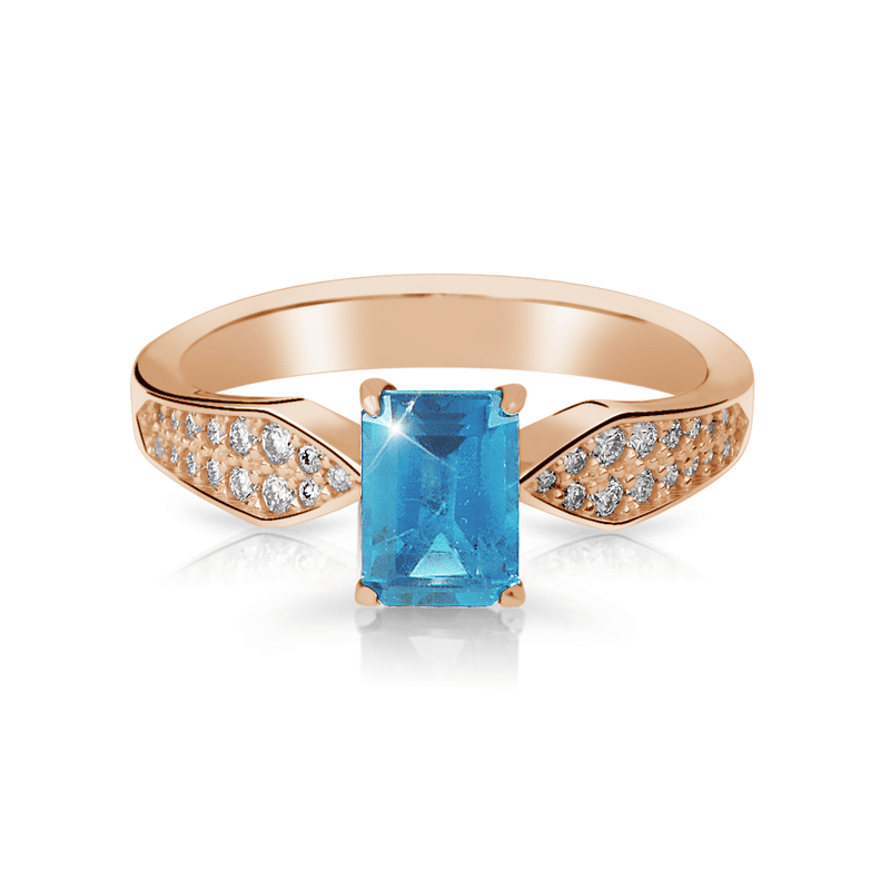 Zlatý dámský prsten DF 3456 z růžového zlata, topaz swiss blue s diamanty 50