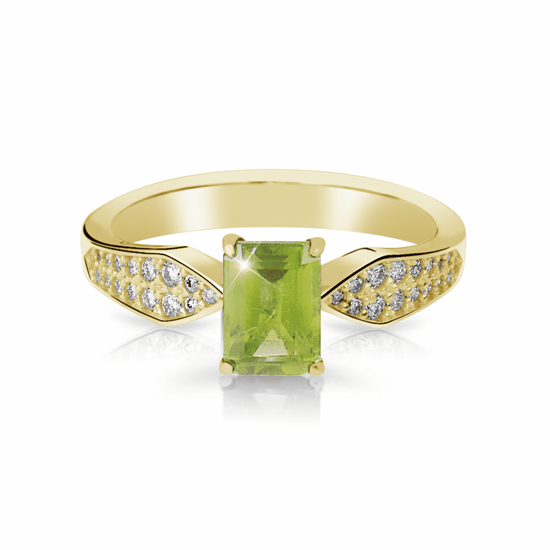 Zlatý dámský prsten DF 3456 ze žlutého zlata, peridot s diamanty 59
