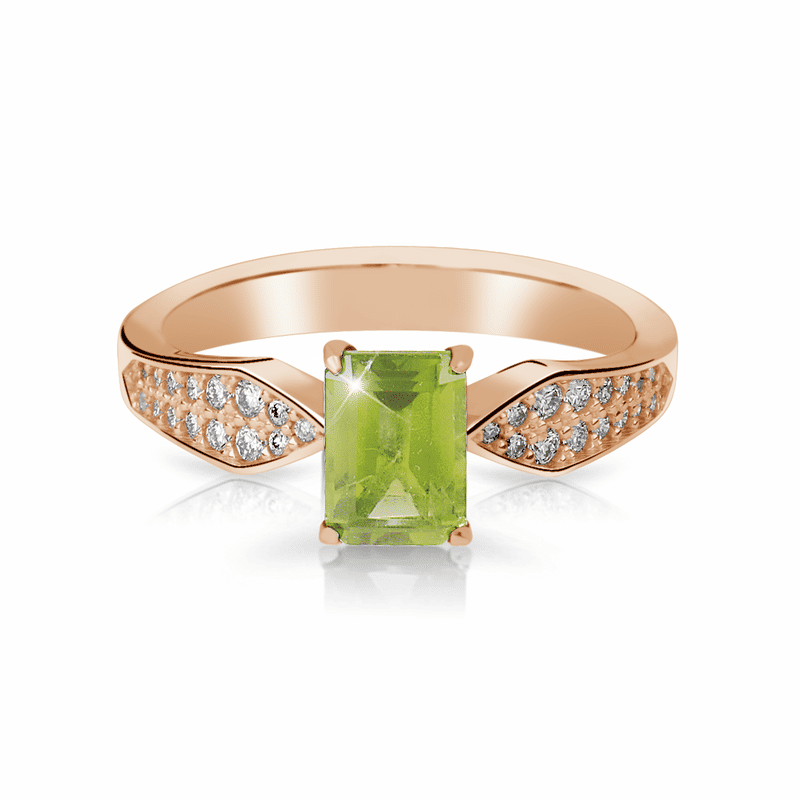 Zlatý dámský prsten DF 3456 z růžového zlata, peridot s diamanty 57