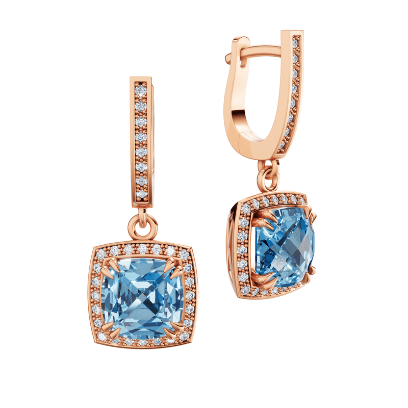 Náušnice DF 3412, růžové zlato s Blue Sky Topazem a diamanty