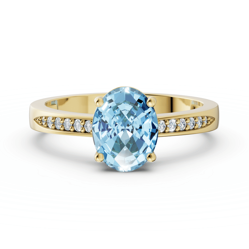 Zlatý dámský prsten DF 3384 ze žlutého zlata, s topazem Swiss Blue a diamanty 59