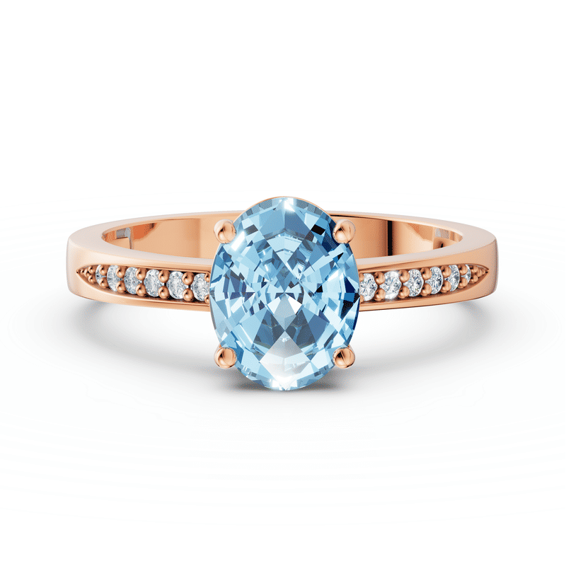 Zlatý dámský prsten DF 3384 z růžového zlata, s topazem Swiss Blue a diamanty 57