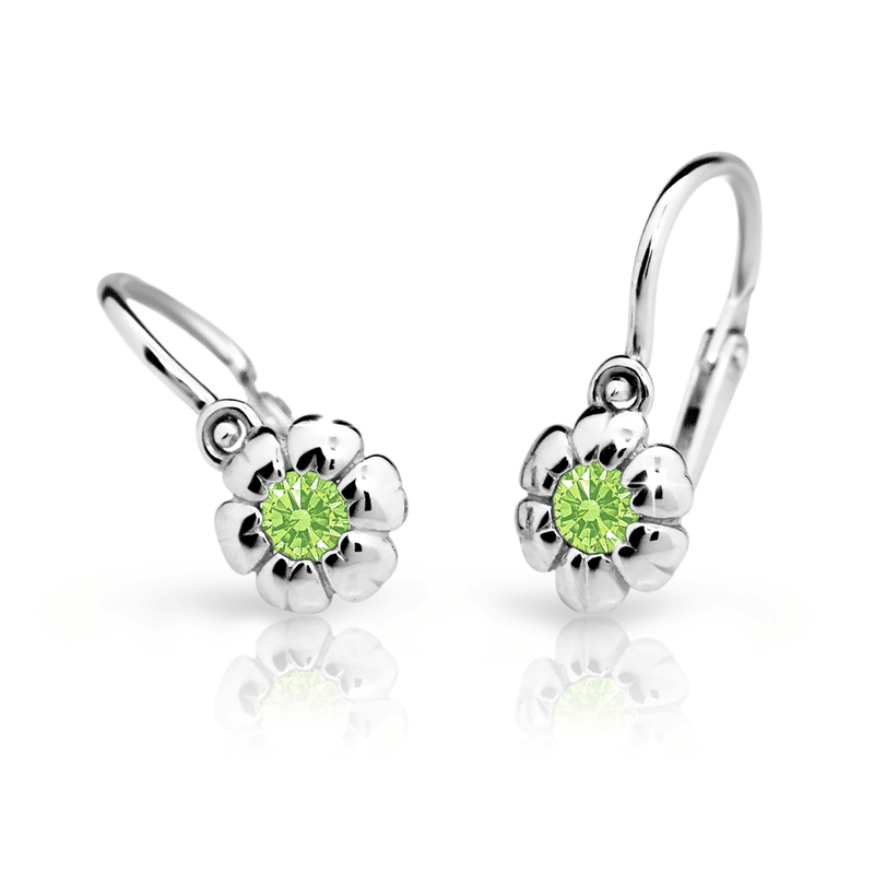 Dětské náušnice Danfil kytičky C2151 z bílého zlata s kamínkem Peridot Green, zapínání brizura