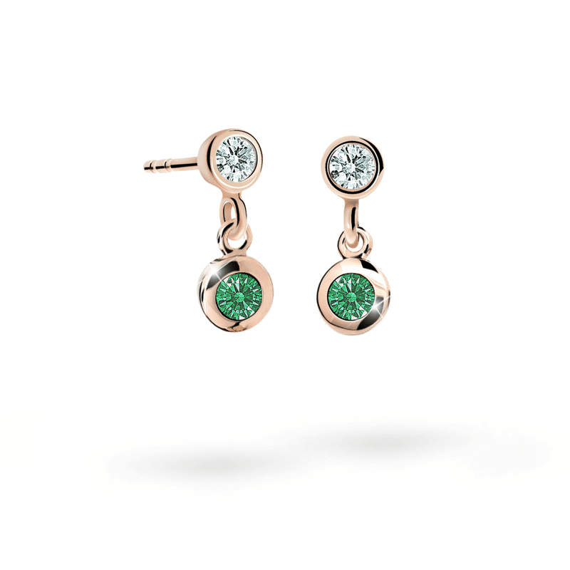 Dětské visací náušnice Danfil C1537 z růžového zlata s kamínkem Emerald Green, zapínání puzeta