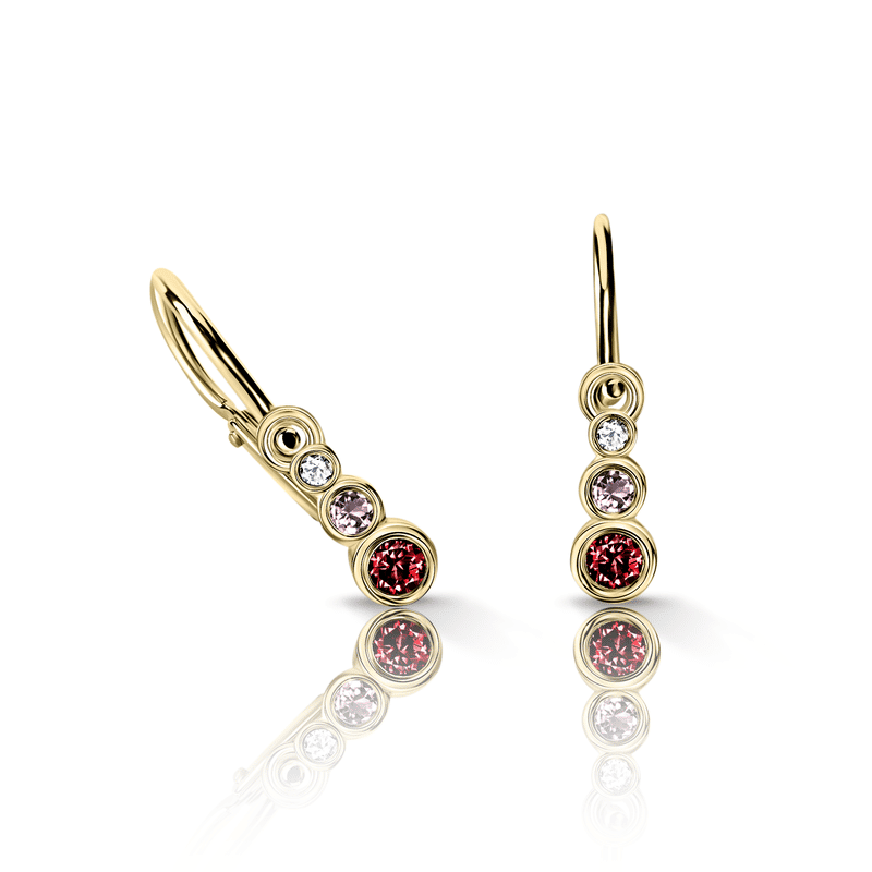 Dětské náušnice Danfil C2255 ze žlutého zlata s červenými, růžovými a bílými kamínky, zapínání brizura