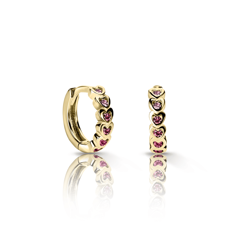 Dětské náušnice Danfil kroužky C3339 ze žlutého zlata, s červenými, malinovými a růžovými zirkony