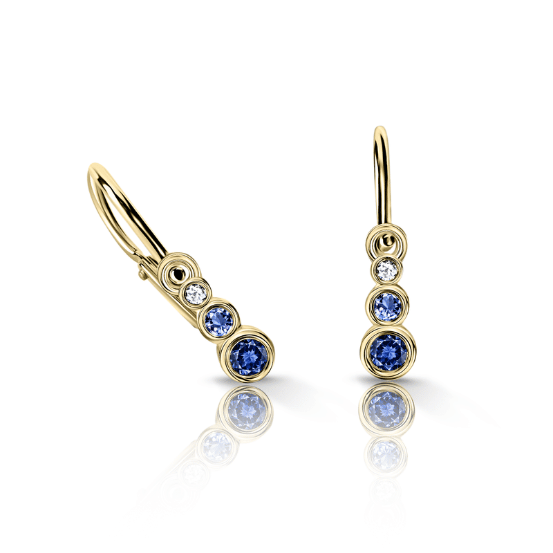 Dětské náušnice Danfil C2255 ze žlutého zlata s tmavě modrými, světle modrými a bílými kamínky, zapínání brizura
