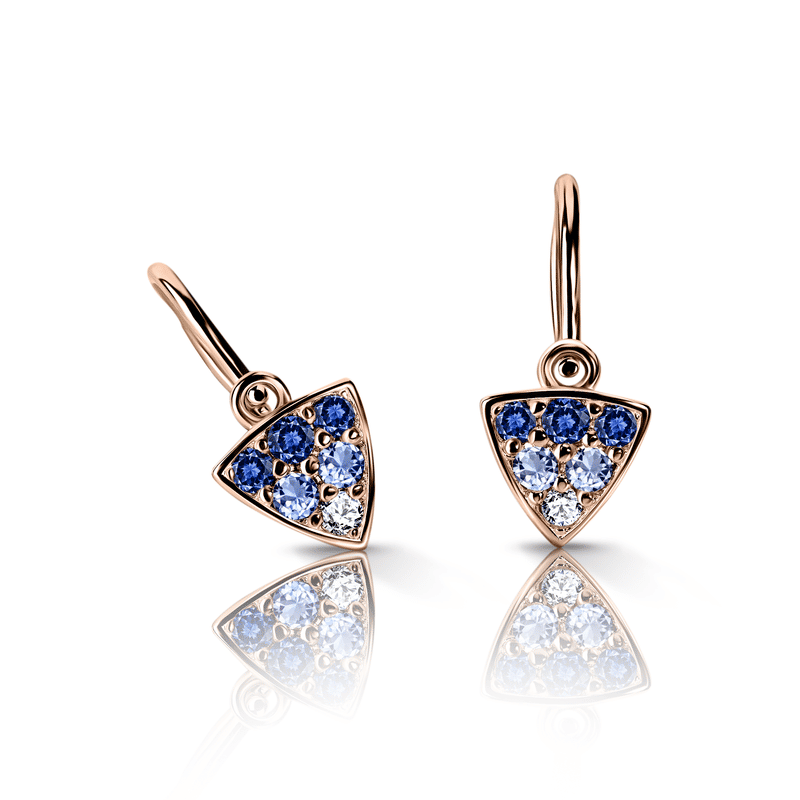 Dětské náušnice Danfil C2207 z růžového zlata s tmavě modrými, světle modrými a bílými kamínky, zapínání brizura
