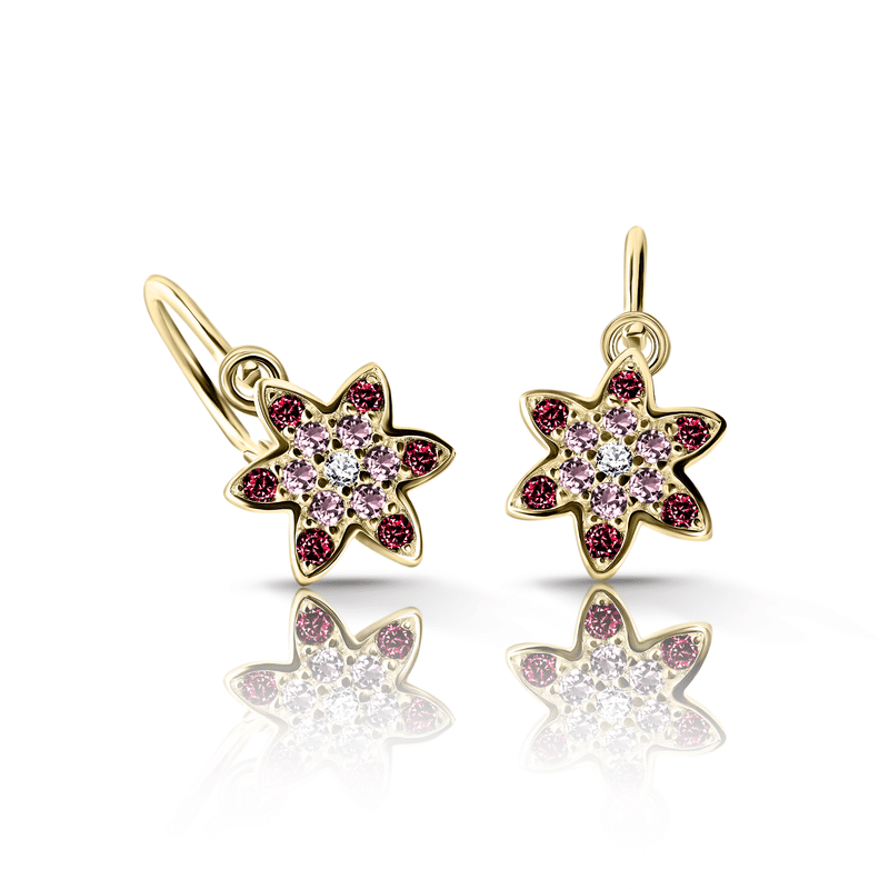 Dětské duhové náušnice Danfil hvězdičky C2206 ze žlutého zlata s červenými, malinovými a světle růžovými zirkony, zapínání brizura