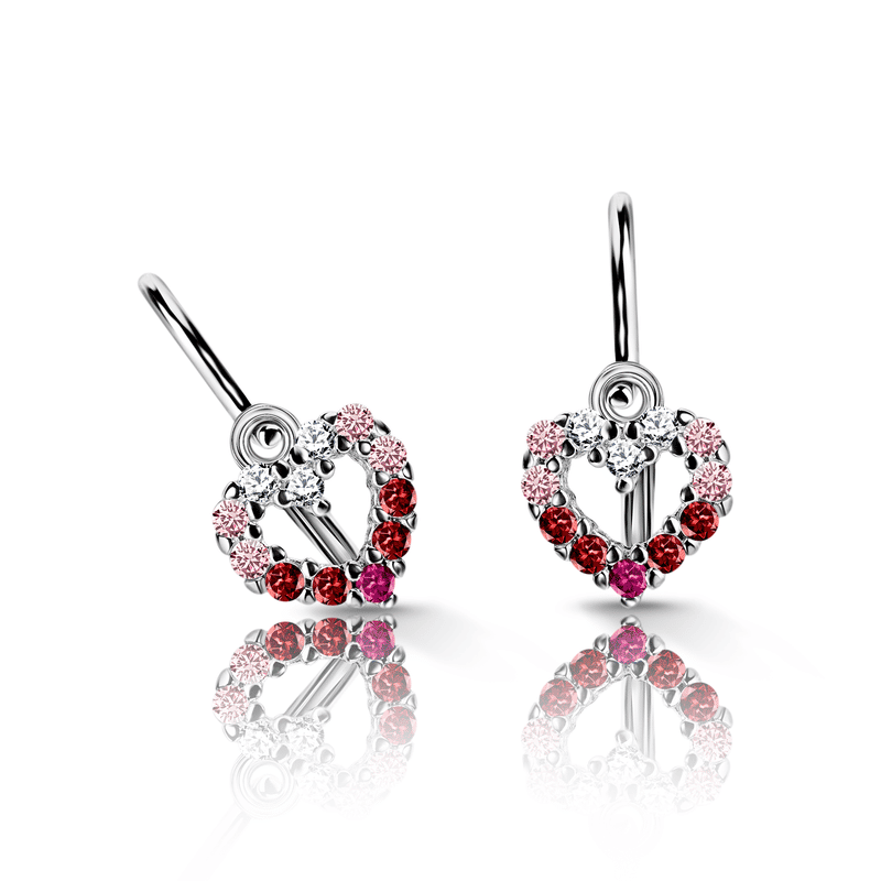 Dětské náušnice Danfil srdíčka C2157 z bílého zlata s červenými, malinovými, růžovými a bílými zirkony, zapínání brizura