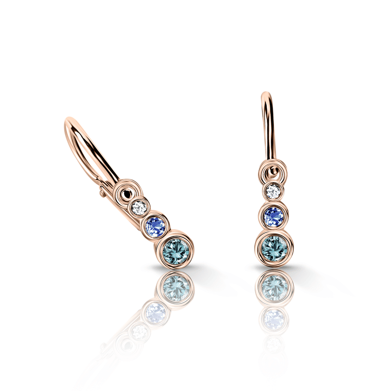 Dětské náušnice Danfil C2255 z růžového zlata s mintovými, světle modrými a bílými kamínky, zapínání brizura