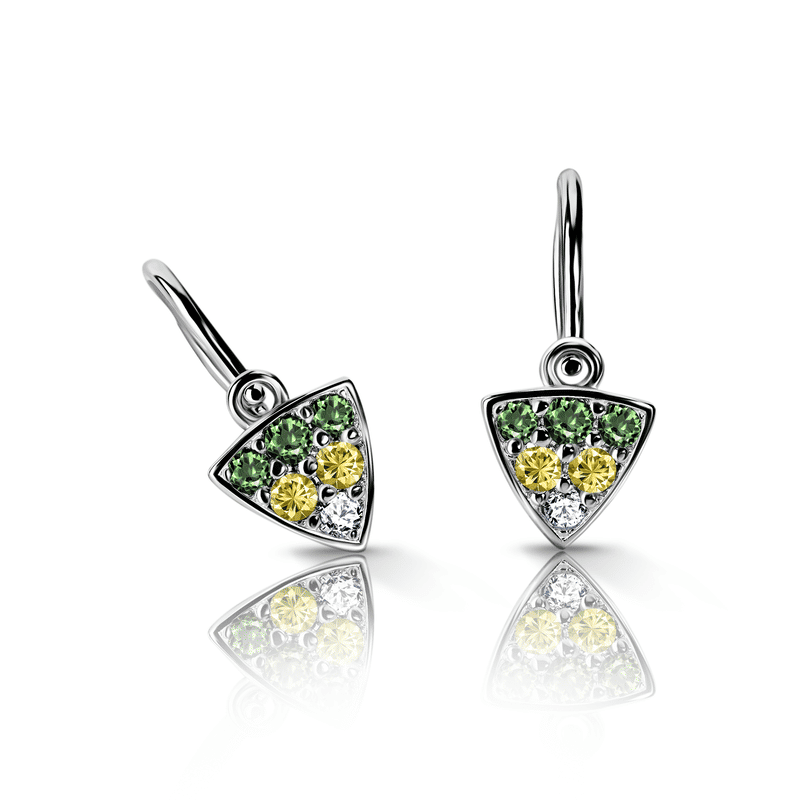 Dětské náušnice Danfil C2207 z bílého zlata s tmavě zelenými, žlutými a bílými kamínky, zapínání brizura
