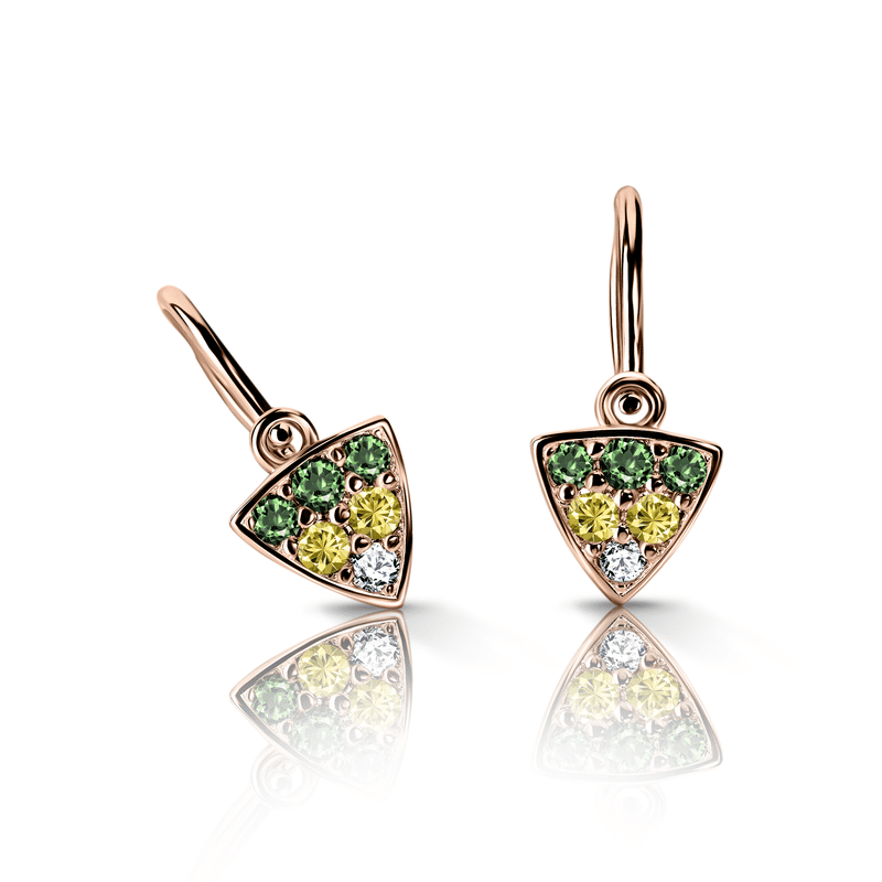 Dětské náušnice Danfil C2207 z růžového zlata s tmavě zelenými, žlutými a bílými kamínky, zapínání brizura