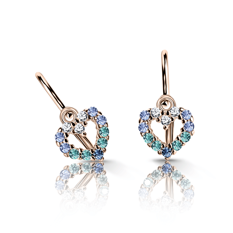 Dětské náušnice Danfil srdíčka C2157 z růžového zlata s tmavě modrými, mintovými, světle modrými a bílými zirkony, zapínání brizura