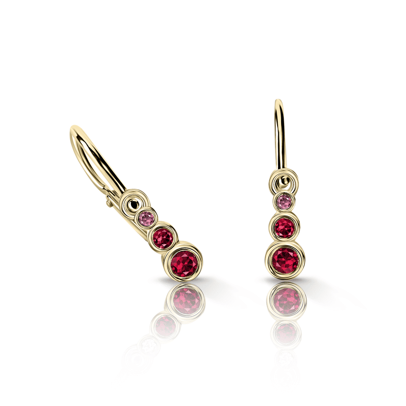 Dětské náušnice Danfil C2255 ze žlutého zlata s červenými, malinovými a růžovými kamínky, zapínání brizura