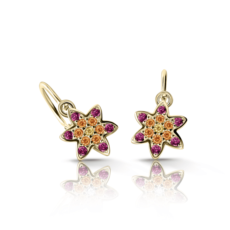 Dětské duhové náušnice Danfil hvězdičky C2206 ze žlutého zlata s červenými, oranžovými a žlutými zirkony, zapínání brizura