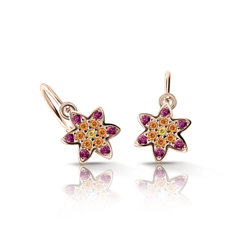 Dětské duhové náušnice Danfil hvězdičky C2206 z růžového zlata s červenými, oranžovými a žlutými zirkony, zapínání brizura